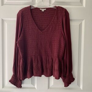 American Eagle Outfitters Burgundy V-Neck Smocked Peplum Blouse XL Y2K  Cottage